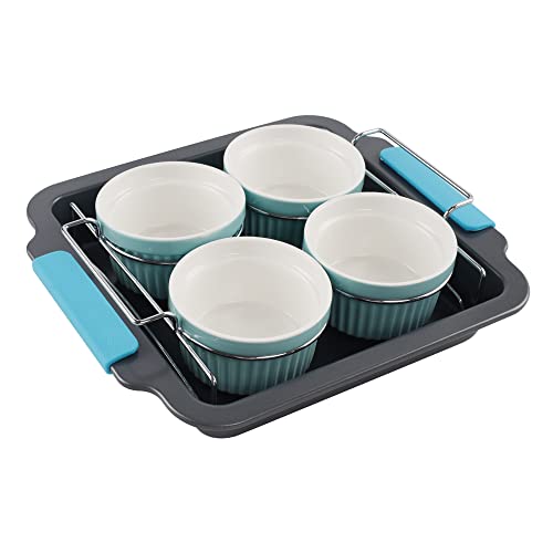 Kitcom Creme Brulee Making Set - 11.9" X 10.5" Carbon Steel Pan With Stainless Steel Lifting Rack & Silicone Handles, 4 Porcelain Ramekins 6 Oz #TOP12