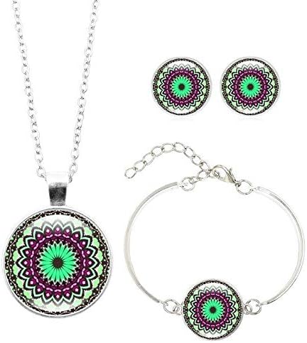 Miniatura 5 de Juego de 3 piezas de joyería de flores de mandala collar de loto pulsera aretes cabujón de cristal fiesta religiosa yoga budismo