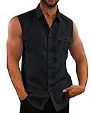 Bbalizko Mens Sleeveless Button Down Shirts Linen Cotton Summer Beach Basic Tank T-Shirt Tops
