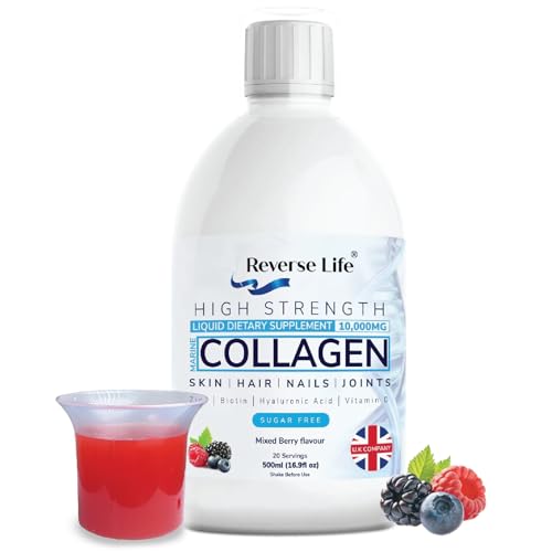 Reverse Life - Marine Collagen - Hydrolysed Peptide Supplement Drink Infused with Vitamin C, D, Hyaluronic Acid, and Biotin - High Strength Dietary Supplement 10000mg