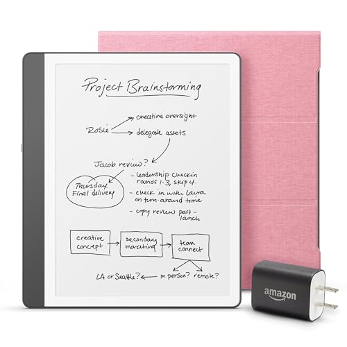 Image of Amazon Kindle Scribe Essentials Bundle including Kindle Scribe (16GB) - Tungsten, Premium Pen, Fabric Folio-Rose, and Power Adapter