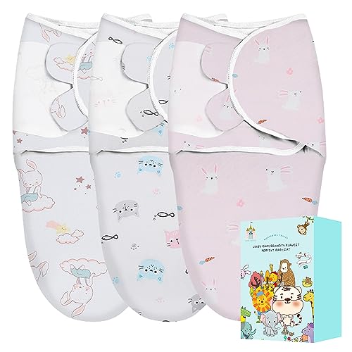 Image of Cute Castle 3-Pack Baby Swaddle Sleep Sacks - Perfect Boxs - Newborn Swaddle Sack - Ergonomic Baby Swaddles Warp Blanket for Boys and Girls (Small 0-3 Months), Pink Rabbit, Little Cat, White Rabbit