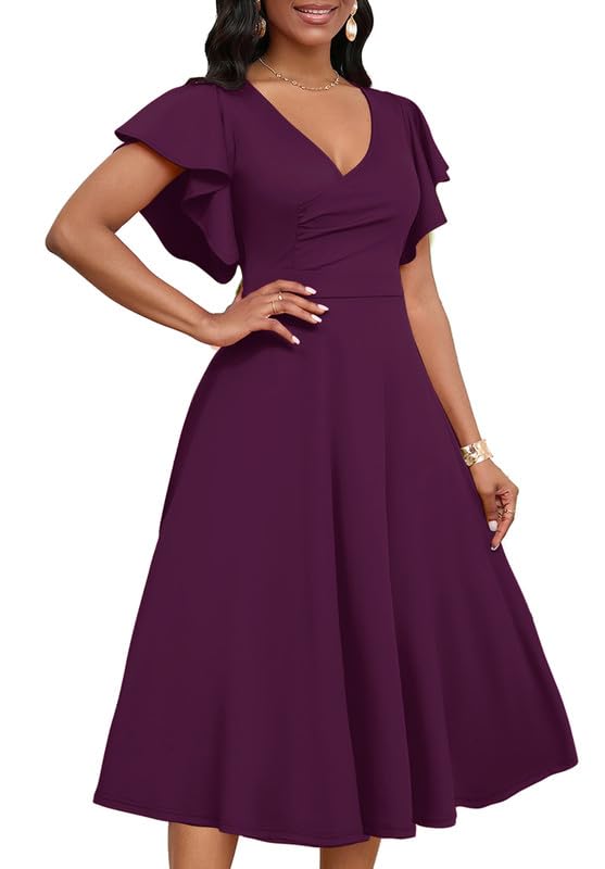 Women's Cocktail Midi Dress Elegant V Neck Ruffle Short Sleeve Wrap Wedding Guest Semi Formal A Line Dress