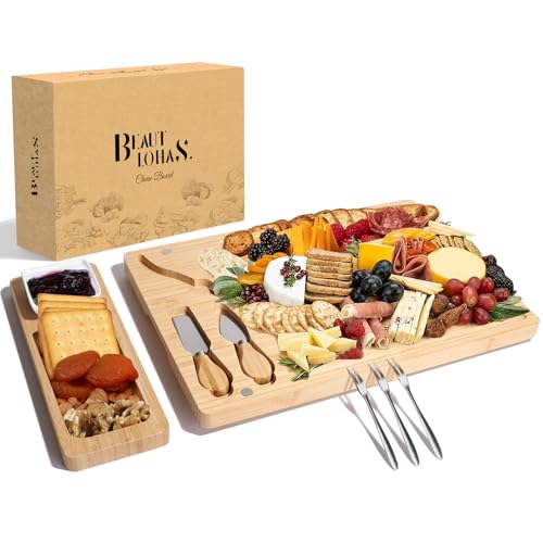 Bambus Käsebrett mit Käsemesser Set Käseplatten Käsebretter Servierplatte Servierbrett Geschenk für Party-Geburtstag, Weihnachts-Thanksgiving-Tag...