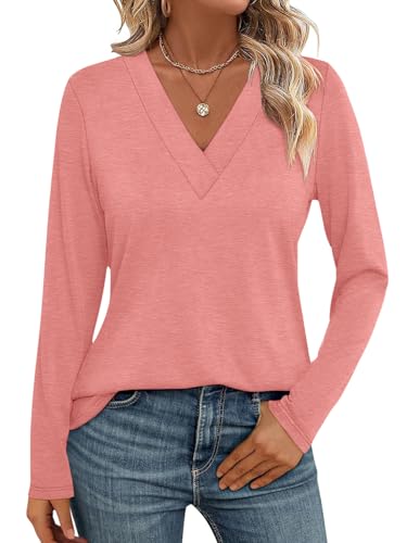 Womens V Neck Long Sleeve Shirts Dressy Casual Fall Tops Trendy Loose Tunic Tops Blouse