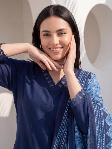 Image of INDO ERA Women's Pure Cotton Solid Solid kurta & Pant with Dupatta Set | Cotton Kurta Set For Woman