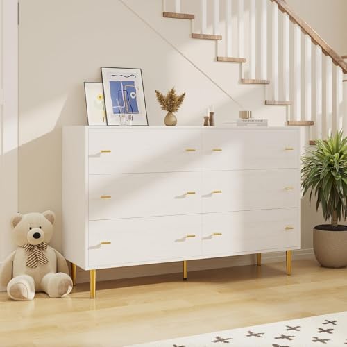 Farmhouse 6 Drawers Dresser for Bedroom, 47.2 in Wide White Dresser Wood Rustic Chest of Drawers with Large Drawers & Bar Handles,Natural Texture,Draw