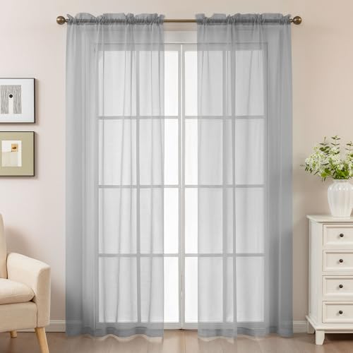 Image of Grey Sheer Curtains 84 Inches Long, Privacy Semi Sheer Curtains for Living Room Bedroom, Light Filtering Rod Pocket Voile Window Drapes 2 Panels Set, Each 42 inch W x 84 inch L