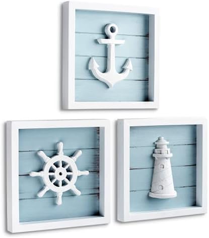 TideAndTales Nautical Wall Decor (7"x7") with 3D Anchor, Lighthouse and Ship Wheel - Rustic Beach Bathroom Ocean Home Decorations - Coastal Theme Nautical Gifts - Famed Set of 3