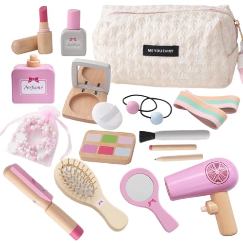 Smartwo Holz Schminke für Kinder Holzschminke Spielset Schminkkoffer Mädchen, 19PCS Make Up Holzspielzeug für Rollenspiele ab 3, Weihnachten Geburtstag Geschenk für Mädchen ab 3 4 Jahre