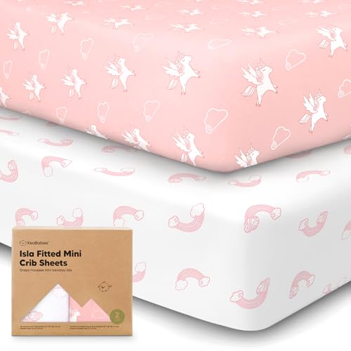Image of Pack and Play Sheets Fitted - 2-Pack Mini Crib Sheets for Pack N Play Mattress 38x26, Soft & Cozy, Neutral Toddler Playard Bedding, Snug Fitted Mini Baby Crib Mattress Cover Boy, Girl (Dreamland)
