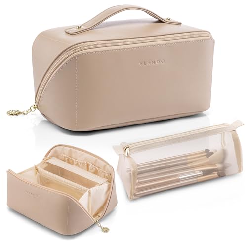 Vlando Travel Makeup Bag,Brown Leather Make up Bag,Portable Toiletry Bag with Divider and Handle,Gifts for Women (Brown) 02-Brown