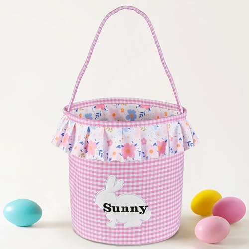 Easter Basket for Kids, VAPCUFF Easter Bunny Basket, Personalized Easter Baskets, Easter Basket with Name - Pink Basket with Flower