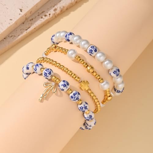 Beads Bow Charm Bracelet Set for Women Cross Flower Bow Stretch Bracelet 18K Gold Pearl Beaded Jewelry Gift4