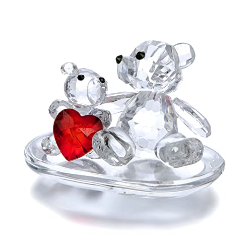 H&D Hyaline & Dora Clear Crystals Animal Figurines Mother&Baby Bears With Red Heart Cute Glass Bear Animal Figurine Collectible Ornament Paperweight, Home Office Table Decoration Gift For Mothers’ Day #TOP24