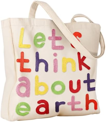 Embroidery Tote Bag with Pocket & Buckle - Reusable Canvas Tote for Women Cute Aesthetic Work Shopping Grocery Bag