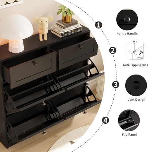 VOWNER Shoe Cabinet with 4 Flip Drawers & 2 Drawers, Freestanding Shoe Storage Cabinet with Adjustable Shelves, Shoe Organizer for Entryway, Hallway, Living Room (Black)