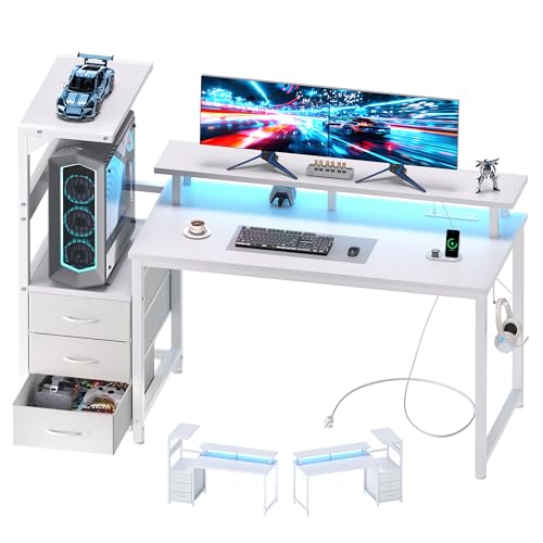 Image of DUMOS L Shaped Gaming Desk with Shelves Storage Drawers 52'', White Computer Desks with LED Lights Power Outlets, Office Wood Table with PC Stand Cable Management for Bedroom Dual Monitor Streaming