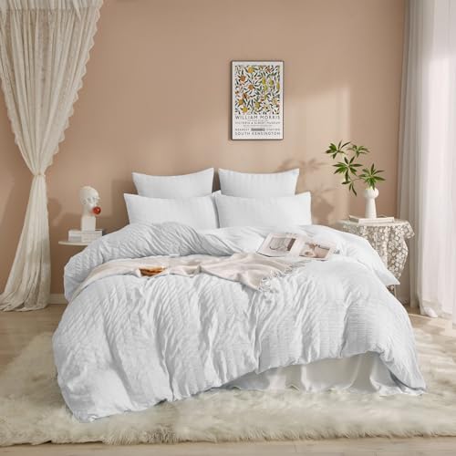 DXHOME Seersucker Ropa de cama de 135 x 200 cm, 2 piezas, color blanco, para verano, reversible, microfibra suave, elegante, refrescante, funda nórdica con cremallera y 1 funda de almohada de 80 x 80