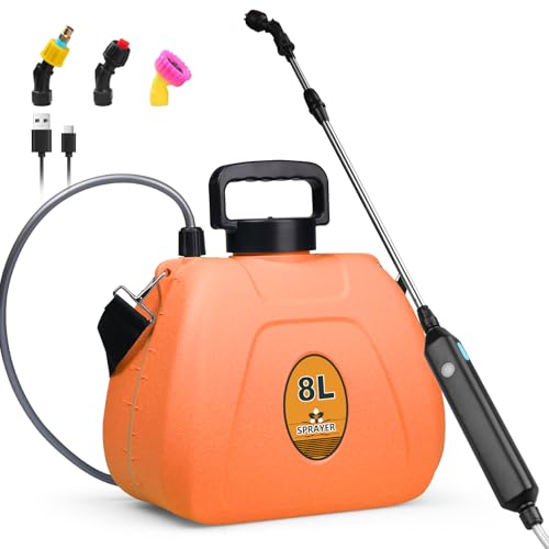 Qdreclod 8L Drucksprüher Elektrisch, Akku Gartenspritze mit Hochdruckpumpe, 1500mAh USB-Aufladbar, 3 Düsen & Teleskopstab für Garten, Rasen, Hecken, Unkrautvernichtung, Bewässerung (Orange)