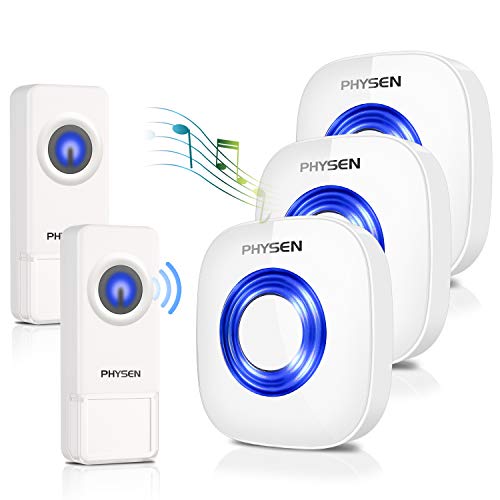 Wireless Doorbell,PHYSEN CW Waterproof Wireless Door Bell Door Chime,2 Push Buttons and 3 Plug in Receivers,Operating up to 1000 Feet Range,4 Adjustable Volume Levels with 52 Chimes,White&Blue LED