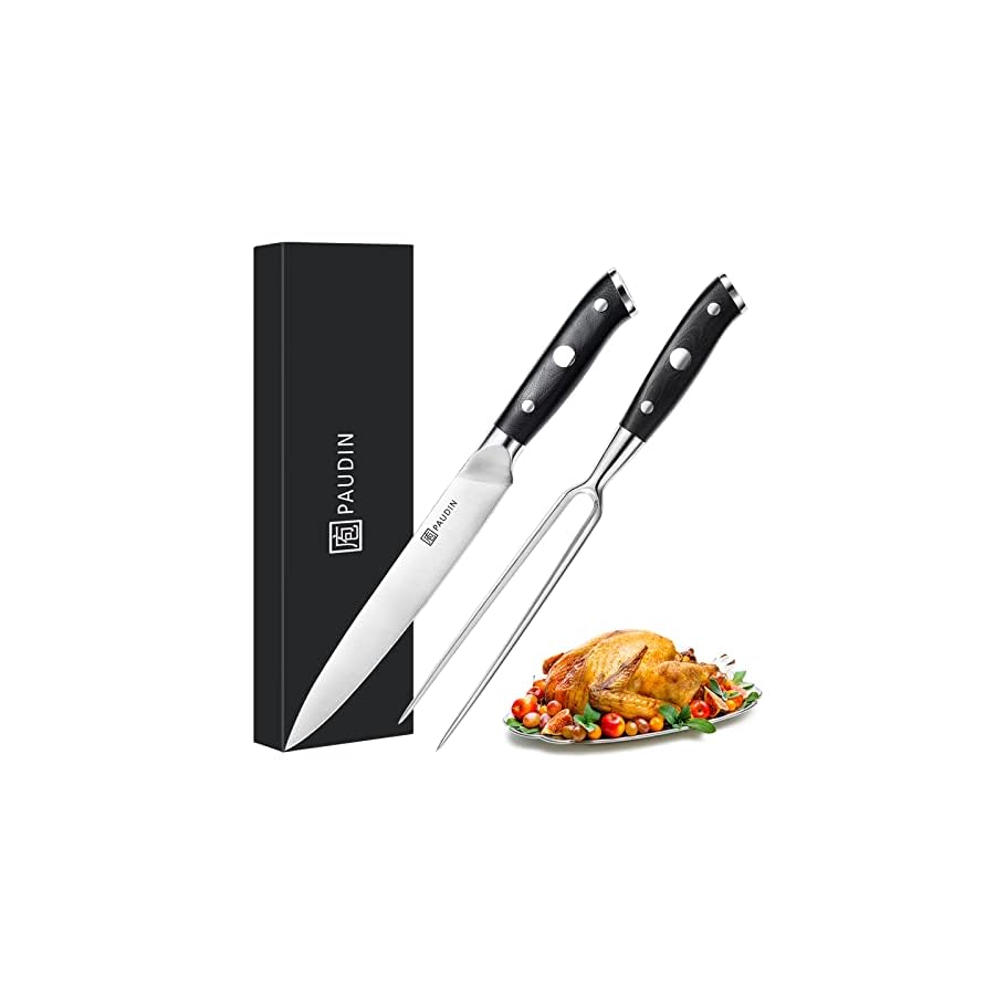 PAUDIN Carving Knife Set 8" - German Steel Turkey Carving Knife and Fork Set, BBQ Knife Set With Ergonomic Handle, Full Tang Carving Knife For Meat, Brisket