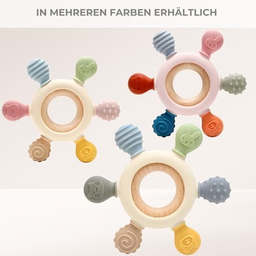 CAJA Beißring Baby BPA freie Zahnungshilfe und Beißspielzeug aus Silikon und Holz Greifring mit Tiermotiv Geschenkidee zur Geburt Sicheres Babyspielzeug für Jungen und Mädchen