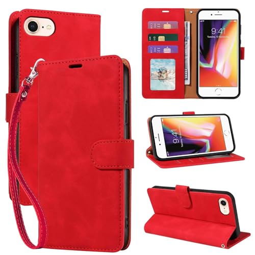 JHWVVTF 2025 Wallet Case for iPhone 6/6S/7/8/SE 2020/SE 2022, RFID Blocking 3 Card Slots Holder, Wrist Strap, Leather Shockproof Protective, Stand Folio Flip Cases Cover (Red)