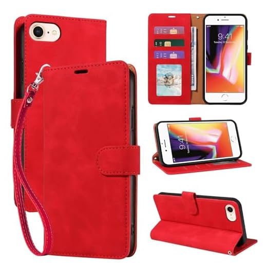 JHWVVTF 2025 Wallet Case for iPhone 6/6S/7/8/SE 2020/SE 2022, RFID Blocking 3 Card Slots Holder, Wrist Strap, Leather Shockproof Protective, Stand Folio Flip Cases Cover (Red)