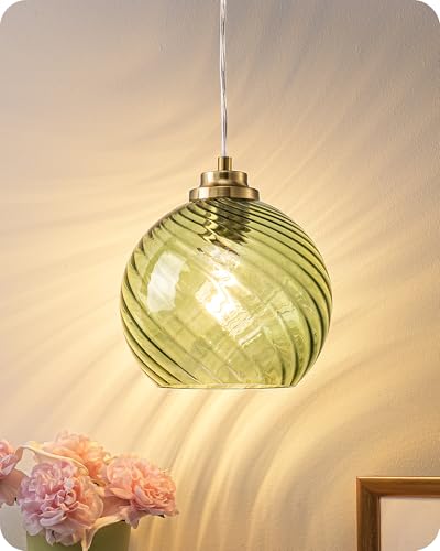 EDISHINE Lampada a Sospensione per Sala da Pranzo, Paralume in Vetro Ondulato Soffiato a Mano, Altezza Regolabile 1,5 m, E27 Inclusi LED 2700K, per Isola Cucina, Sala da Pranzo, Corridoio