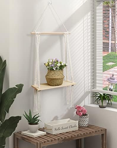 Petrala Hanging Floating Shelves Wood Wall Hanging Shelf Boho Macrame Shelf, Decoration Bohemian Floating Shelf Hand Woven Tassel Chic Floating Shelf for Living Room Bedroom Bathroom Balcony Hallway