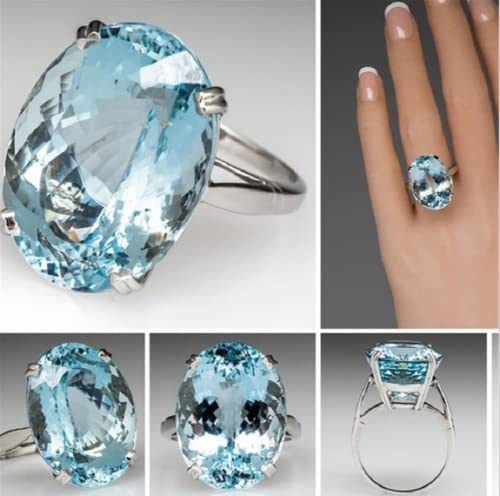 Vintage Fashion Women 925 Silver Large Oval Cut Aquamarine Gemstone Ring Engagement Wedding Jewelry Goose Egg Diamond Sea Blue Topaz Ring Size 5-114