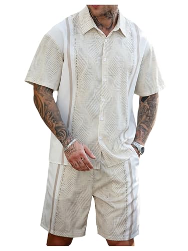 Men's 2 Piece Striped Outfits Short Sleeve Button Down Shirts and Shorts Set