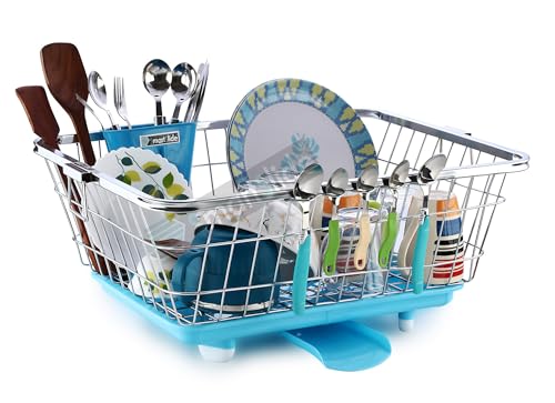 SmartSlide Stylish Stainless Steel Utensil Basket Drainer Dish Drainer Basket with Tray for Kitchen Vessel Drainer Rack Dish Drying Rack with Tray and Spoon Holder