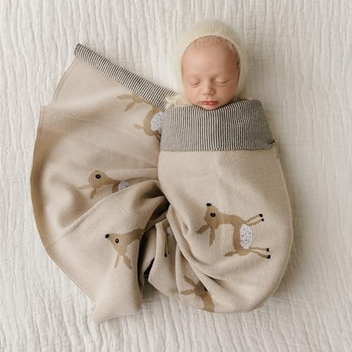 Knit Baby Swaddle Blanket - 100% Cotton Soft Cozy Receiving Swaddling Stroller Blanket Quilt for Shower Gift Registry for Newborns Infants Toddlers Gender Neutral (Deer - Taupe)