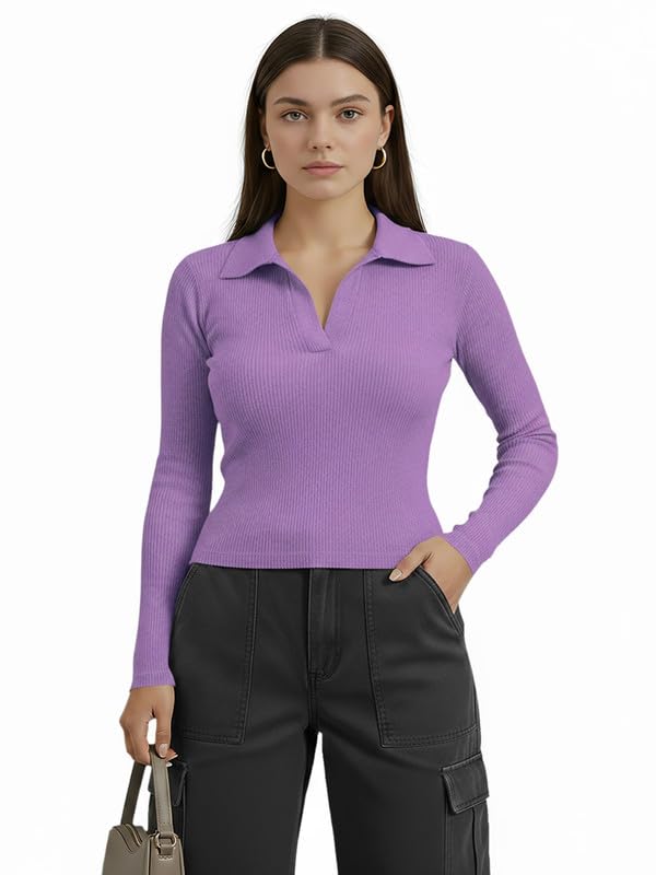 Image of Dream Beauty Fashion Women's Collared Neck Long Sleeve Slim Fit Casual Tee Top for Woman