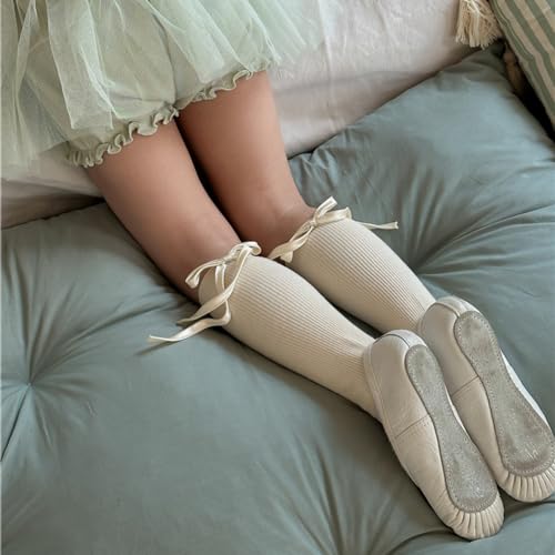 6 Pairs Girls Cotton Crew Socks with Ribbon Bow, 3/4/5/6/7/8 Years Spring Summer Thin Mid-Calf Knee Socks2