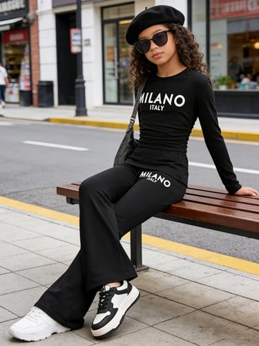 Image of OLMRJKD Girls 2 Piece Outfits Long Sleeve Letter Printed Sweatshirt & Flared Pants Fall Clothing Set Size 7-14 Years (9-10Y)