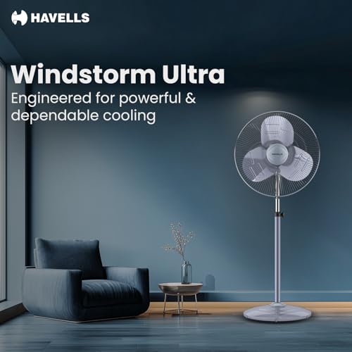 Image of Havells 500 mm WINDSTORM ULTRA| Telescopic Height Adjustment| 3 Speed Setting| 1400 RPM| 2 Year Manufacturer Warranty (Grey)