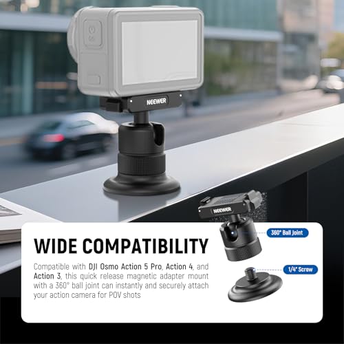 Image of NEEWER Magnetic Camera Mount Compatible with DJI Osmo 360 / Action 5 Pro / 4 /3, 360 Quick Release Ball Head Adapter Mount with 1 /4 inch Thread for POV Shots, Camera Cage, Selfie Stick, Tripod, AC013