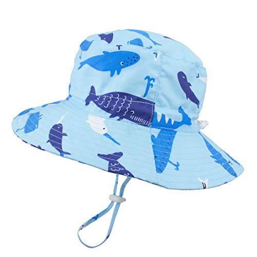 Baby Boy Sun Hat UPF 50 | Outdoor Bucket Adjustable Beach Hat with Wide Brim (M: 6-12 Months, Aqua Whale)