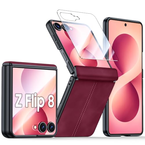 Image of for Galaxy Z Flip 8 Case with Hinge Protection & Screen Protector Red | Ultra Thin Stylish Leather Matte PC Durable Shockproof Cover Phone Case for Galaxy Z Flip 8-Red