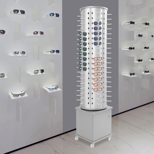 xsdzgdzy Glasses Storage Display Stand,Floor-Standing Glasses Rotating Organizer w/ 4 Wheels & Storage Cabinet,Commercial Freestanding Sunglasses 360° Rotating Eyeglass Holder (All Silver, 114 Pair)
