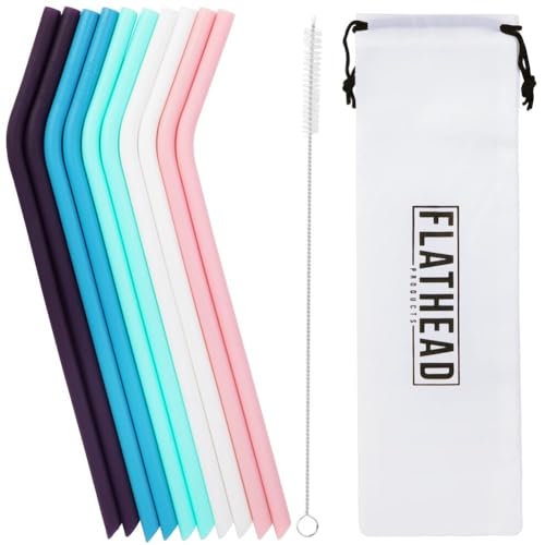 Bent Reusable Silicone Straws (Set of 10) and Cleaning Brush - Flexible, Long, Color Bendy Straws - For 20oz-32oz Tumblers & 30oz Smoothie Cups - Dishwasher Safe, Kid Friendly, and Easy to Clean