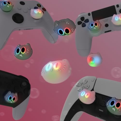 Image of PlayVital Cute Universal Illuminated LED Thumbstick Grips for ps5, for ps4, Joystick Caps for Xbox Series X|S, for Xbox One, Switch Pro Controllers, Joystick Protection - Moonlight Cat