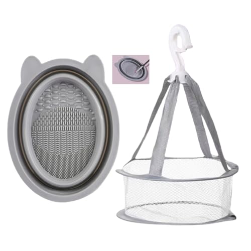 Buaefxb Silicone Makeup Brush Cleaner Mat Pink Foldable Portable Bowl Beauty Blender Scrubber Pad Cosmetic Brush Washing Tool with Cat Ear Design (Grey Mat and drying net)