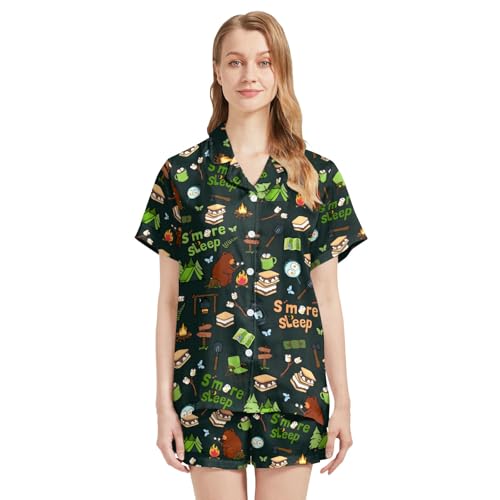 Image of Silk Satin Pajama Set for Women Summer Lounge Pjs Sets 2 Piece Suit Ladies Button Down Tops And Shorts Sleepwear