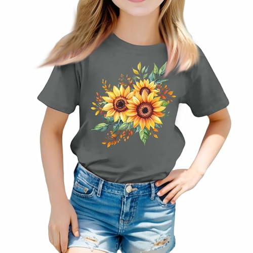 Girls Short Sleeve Tops Tshirts Crew Neck Plain T Shirts Summer Basic Tees Floral Print Blouses Cute Clothes 3－13 Years