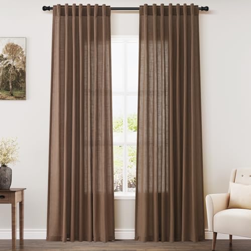 Image of Caramel Brown Linen Curtains 84 Inches Long for Bedroom Back Tab Light Filtering Privacy Semi Sheer Curtains Modern Farmhouse Decor Cotton Textured Curtain for Living Room 2 Panels Set 52x84 Inch