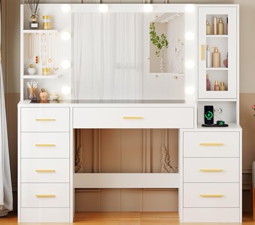 ANWBROAD Grande Tocador con Espejo y Luces LED Regulables Tocador de Maquillaje con Vidrio y Enchufes,Mesa de Maquillaje con 8 cajones 3 estantes Abiertos y 5 Ganchos para Joyas Moderno Blanco BDT88W - imagen 9